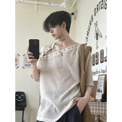 Threebooy Street Punk Shirt Off-shoulder Hollow T-shirt American 2025 New High-end Style Fashionable Casual Loose Short Sleeves