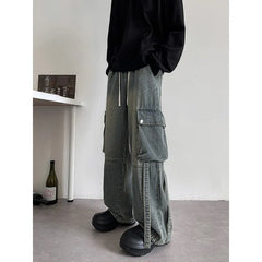Threebooy Baggy Casual Denim cargo Pant man Mopping Trousers Yellow Mud Ribbons Multi-pockets Drawstring Jeans for Men Harajuku Streetwear