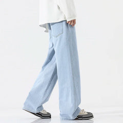 Threebooy Classic New Streetwear Loose Jeans Men Korean Style Fashion Loose Straight Wide Leg Pants Men's Brand Clothing Black Light Blue