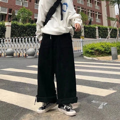 Threebooy Brown Black Corduroy Pants Men Fashion Retro Oversized Casual Pants Men Streetwear Loose Hip-hop Wide-leg Pants Mens Trousers