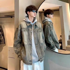 Threebooy Trendy Men's Denim Jacket Autumn Winter, Ripped & Patchwork Design, Oversized Fit, Urban Street Style, Unisex