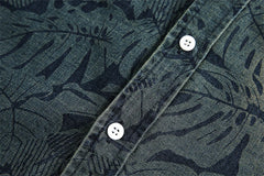Threebooy Summer Denim Short Sleeve Shirt Men Streetwear Hip Hop Leaves Print Jeans Shirt Oversized Harajuku Washed Casual Blouse Male
