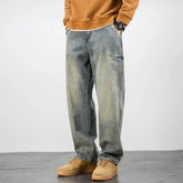 Threebooy American Casual Denim Pants Solid Color Retro Wide Leg Straight Mid Waist Pockets Bottoms Loose Fit Jeans Men Clothes