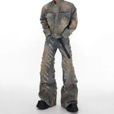 Threebooy Mens Denim Jacket Jeans Wilderness Construction Site Style Distressed Washed Holes Street Wear Fashion Versatile Men'S Wear