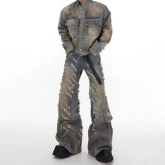 Threebooy Mens Denim Jacket Jeans Wilderness Construction Site Style Distressed Washed Holes Street Wear Fashion Versatile Men'S Wear