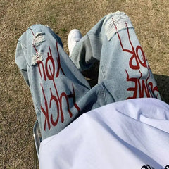 Threebooy High Street Ripped Printed Jeans for Men Loose Straight Legs for Teenagers Trendy Hip-hop Long Pants