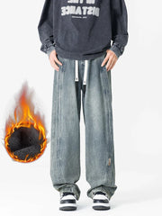 Threebooy Men's Winter Insulated Cargo Jeans Thick Fleece Warm Denim Pants Retro Style Wide-Leg Straight Baggy Jeans Asian Size L-5XL