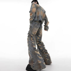 Threebooy Mens Denim Jacket Jeans Wilderness Construction Site Style Distressed Washed Holes Street Wear Fashion Versatile Men'S Wear