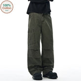 Threebooy American Loose Straight Cargo Pants Men's Fashion Streetwear 100% Cotton Vintage Large Pocket Loose Casual Wide-leg Trousers