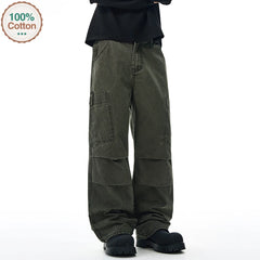Threebooy American Loose Straight Cargo Pants Men's Fashion Streetwear 100% Cotton Vintage Large Pocket Loose Casual Wide-leg Trousers