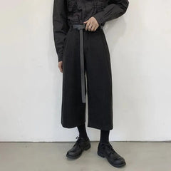 Threebooy Mens Pants Y2k Dark Gothic Style Belt Casual Pants Autumn Streetwear Fashion Straight Wide Leg Cropped Pants Men'S Clothing
