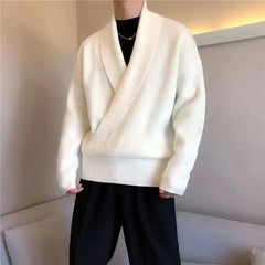 Threebooy Korean Style Autumn Solid Color V-Neck Draped Unique Men's Sweater Loose Fit Casual Knitted Top For Leisure