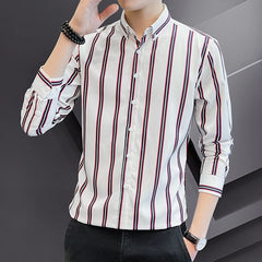 Threebooy Korean Fashion Men Social Shirt Casual Button Down Slim Fit Long Sleeve Smooth Striped Shirts