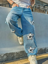 Threebooy American Retro Letter and Star Embroidered Jeans with a Street-Style Niche Design, Loose Wide-Leg Versatile Scimitar Pants, Trendy