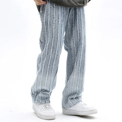 Threebooy Y2K Streetwear Striped Baggy Stacked Jeans Pants For Men Clothing Washed Blue Straight Loose Denim Trousers Pantaloni Uomo