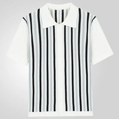 Threebooy Men's Business Striped Knitted Polo Shirt Light Luxury Leisure Turn Down Collar Button Short Sleeve Shirts Breathable Knitwear