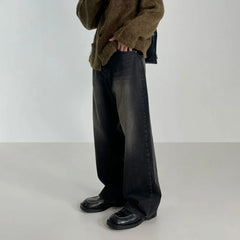 Threebooy Retro washed drooping thick denim jeans men's autumn winter new Korean version loose wide leg straight leg pants