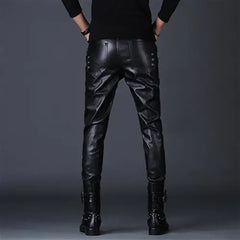 Threebooy Autumn New Korean Style Tethered PU Leather Pants Men's Pants Slim and Handsome Motorcycle Pants Casual Trendy Men's Pants
