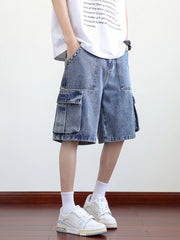 Threebooy Summer Denim Cargo Shorts Men Flap Pockets Wide Leg Baggy Jeans Shorts Big Size 8XL 7XL 6XL Loose Fit Straight Jean Short Male
