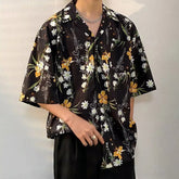 Threebooy Mens Shirt Ice Silk Pocket Printed Short Sleeve Shirt Summer Casual Hawaii Personalized High Street Retro Jacket Men's Clothing