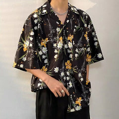 Threebooy Mens Shirt Ice Silk Pocket Printed Short Sleeve Shirt Summer Casual Hawaii Personalized High Street Retro Jacket Men's Clothing