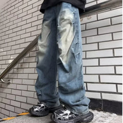 Threebooy Y2K Fashion Washed Blue Pleated Baggy Jeans Pants Men Designer Clothes Straight Wide Leg Denim Trousers