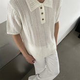 Threebooy New Japanese Vintage Men Polo Shirt Trendy Leisure Hollow Out T-shirts Casual Solid Color Short Sleeve Breathable Retro Knitwear