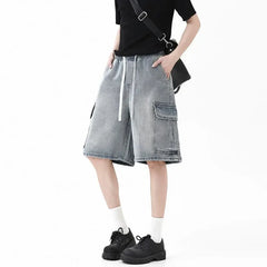 Threebooy Korean Summer Mens Oversized Denim Shorts Elastic Waist Fashion Baggy Knee-length Cargo Shorts Streetwear Casual Short Jeans 