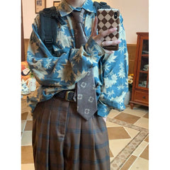 Threebooy Hong Kong Style Retro Maple Leaf Long-sleeved Shirt Women in Autumn Trendy Niche Design Sense Loose Couple Top Shirt Aesthetic