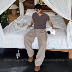 Threebooy New Retro Fashion Men Suit Pants Light Luxury Draped Baggy Belt Button-down Solid Color Straight Trousers Elegant Dress Pants