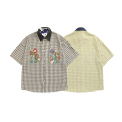Threebooy Summer Japanese Retro Patchwork Denim Collar Plaid Short Sleeved Embroidery Shirt for Men and Women Loose Design and Trendy Top