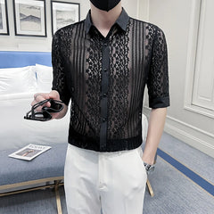 Threebooy New Mens Black White Lace Hollow Patchwork Shirt Long Sleeve Luxury Party Promshirt Men's Petticoat Nightclub Dress Tuxedo