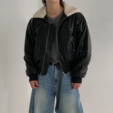 Threebooy Pu Leather Short Cotton Coat Mens Winter Fashion Lapel Warm Cotton Coat Korean Style Trendy High-End Leather Jacket