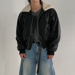 Threebooy Pu Leather Short Cotton Coat Mens Winter Fashion Lapel Warm Cotton Coat Korean Style Trendy High-End Leather Jacket