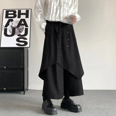 Threebooy Japanese Gothic Dark Style Pants Skirt Irregular Layered Pants Hakama Autumn Fashion Streetwear All-Match Samurai Pants Unisex