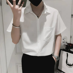 Threebooy Summer Men's Fashion Short Sleeve Shirts Youth Loose Lapel Shirt College Style White/Green Black Color Retro Shirts S-3XL