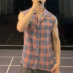 Threebooy Summer New Men's Plaid Sleeveless Vest Y2k American Retro Fashion Trend Casual Street Simple Oversize Gym Sports Men's Tops