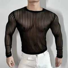 Threebooy Mens T-Shirt Striped Sexy Slightly Transparent Stretch T-Shirt Fashion Streetwear Tight Casual Long Sleeve Top Men'S Clothing