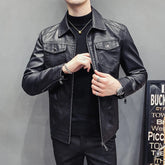 Threebooy Leather Jacket Men's Zipper Cardigan Jacket Pocket Decoration Waterproof Motorcycle Jacket Men Leather Jacket Faux Fur Coat