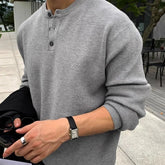 Threebooy New Men's Half-Button Thickened Sweaters Winter Long Sleeve Crewneck Knitwear Pullovers Solid Color Y2K Vintage Knitted Jumpers