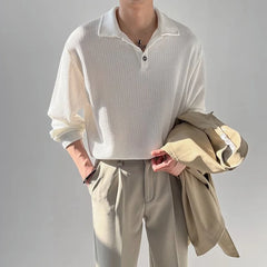 Threebooy New Trendy Waffle Men Polo Shirt Leisure High Quality Solid Color Long Sleeve T-shirt Korean Fashion Autumn Loose Basic Shirts