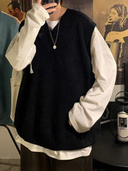 Threebooy Knit Sweater Male Sleeveless Men's Clothing Plain Solid Color Waistcoat Vest V Neck Blue Plus Size Street Korean Fashion Jumpers