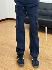 Threebooy Mens New Straight Leg Work Pants Multi Pocket Drawstring Outdoor Hiking Trousers Japanese High Street Casual Long Pants
