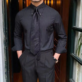 Threebooy New Spring and Autumn Advanced Korean Edition Trendy Temperament Elastic Non Ironing Long Sleeve Polo Neck Striped Shirt