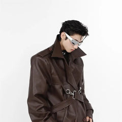 Threebooy Niche Pu Leather Coat Metal Zipper Double-layer Splicing Design Windbreaker Over Knee Jacket Men High Street Top Punk Streetwear