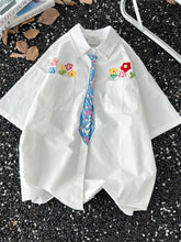 Threebooy Crayon Graffiti Tie Short Sleeve Shirt College Style Korean Style Fashion Floral Embroidered Shirt Design Niche Couple Blazer