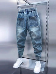 Threebooy Light Blue Men's Jeans Elastic Waist Decorative Button Harlan Pants Spring Autumn Fashionable Slim Fit Harlan Trousers