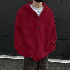 Threebooy 4Colors Mens Knitted Hooded Sweaters Solid Color Casual Pullover Spring Autumn Comfortable Buttons V-neck Loose Lazy Sweater
