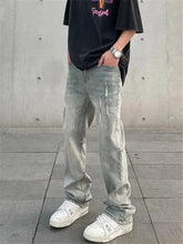 Threebooy Jeans Men's High Street Ripped Straight Trousers Button Pocket Washed Solid Color Loose Trousers