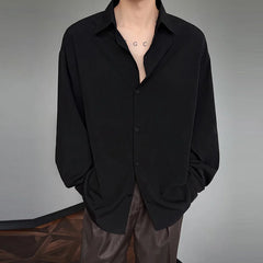 Threebooy Korean Fashion Men's Long Sleeve Shirts Casual Solid Drop Smooth Social White Black Khaki Shirt